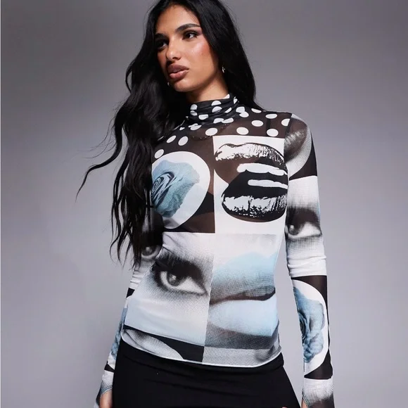 AFRM Zadie Mock Neck Long Sleeve Top in Mono Pop Art Print XL NWT - Picture 1 of 6